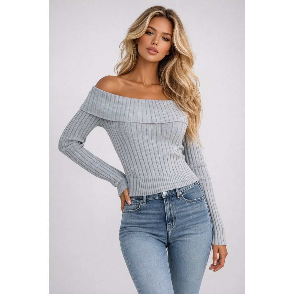 Madden Girl Off-Shoulder Ribbed Top - Glam Fitted Foldover Long Sleeve Sweater